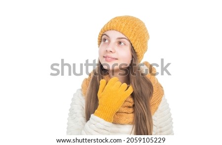 small kid wear knitwear isolated on white. child in hat gloves and sweater. autumn fashion style.