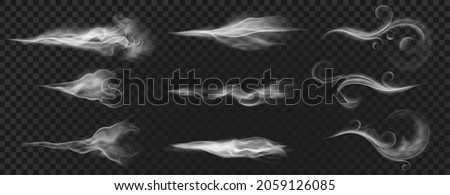 Realistic wind blow swirls, smoke air or hot steam. Curved flow waves, mist, aroma or perfume clouds effect. White blowing stream vector set. Cigarette or hookah fume or smog clouds