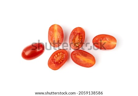 Long plum tomato halves isolated. Fresh small cherry tomatoes, mini organic cocktail tomate slice on white background top view Royalty-Free Stock Photo #2059138586