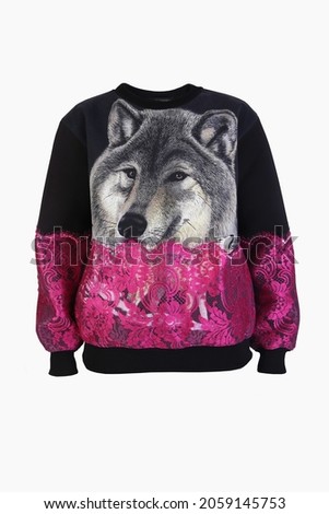 sweatshirt with wolf and pink lace on white sheer background