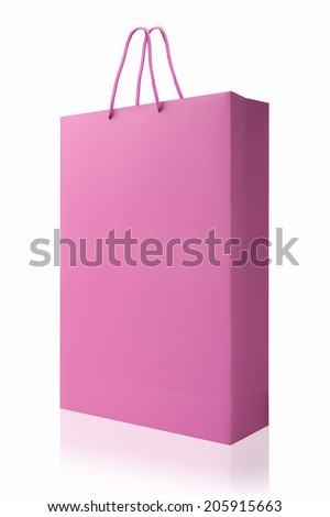 Pink shopping bag, isolated with clipping path on white background. Pink  shopping bag with reflect and copy space.