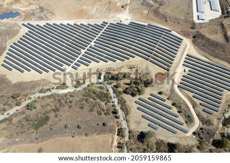 Aerial drone view of Solar panel photovoltaic farm. Alternative renewable energy saving the environment. Nicosia Cyprus