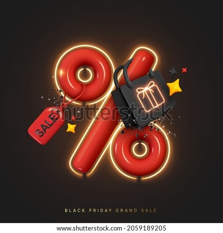 Black Friday. Christmas sale. New Year discounts. Realistic 3d objects design, Red big percentage sign. Dark Shopping bag. Fashion Stylish trendy background. Valentine's Day. Vector illustration Royalty-Free Stock Photo #2059189205