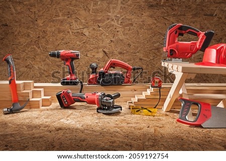 Set Of Working Tools. Electric Carpenter Hand Tools Set. On Plywood Background. Royalty-Free Stock Photo #2059192754