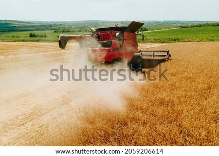 aerial view front view of Combine harvester harvesting wheat emits clouds of dust and smoke. Concept of harvesting. sunny summer day
