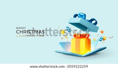 Merry Christmas and Happy New Year. Background with realistic 3d festive blue open gifts box. Xmas sale present. Holiday decorative yellow boxes, Holiday gift surprise. Vector illustration Royalty-Free Stock Photo #2059222259