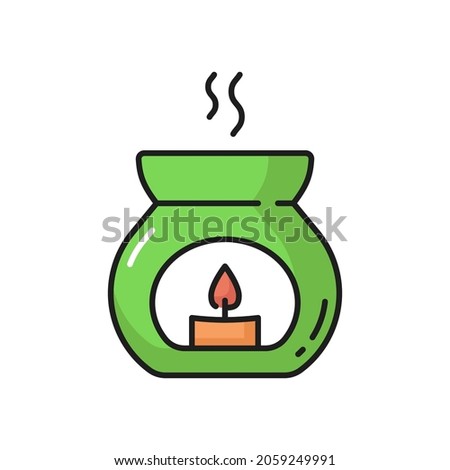 Burning aromatic scented candle in glass jar with smoke steam isolated. Vector lighted candle in green cup. Romantic decor element, spa, aromatherapy and massage, beauty salon, accessory for relaxing
