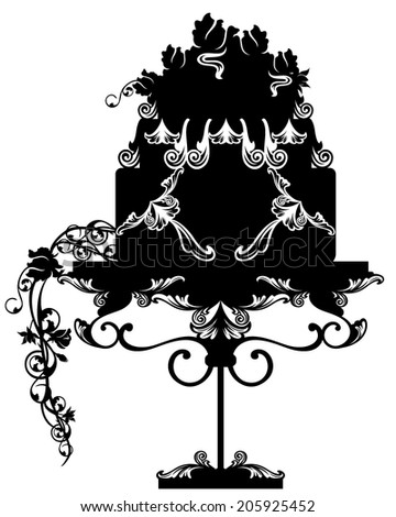 Birthday or wedding cake decorated with rose flowers on a vintage table - black and white vector design