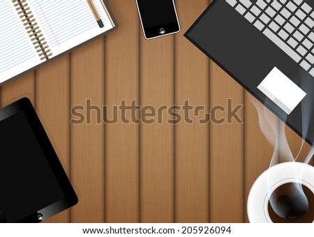 digital tablet with coffee cup and phone on table- Vector