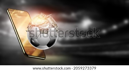 Dollars are inside the soccer ball, the ball is full of money. Sports betting, soccer betting, gambling, bookmaker, big win Royalty-Free Stock Photo #2059273379