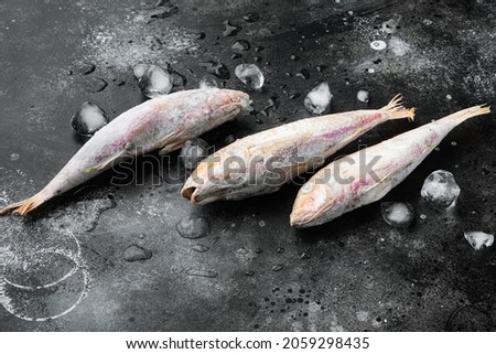 Frozen red mullet or barabulka raw fish set, on black dark stone table background , with copy space for text