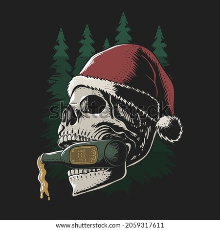 skull biting beer bottle merry christmas vector illustration for your company or brand