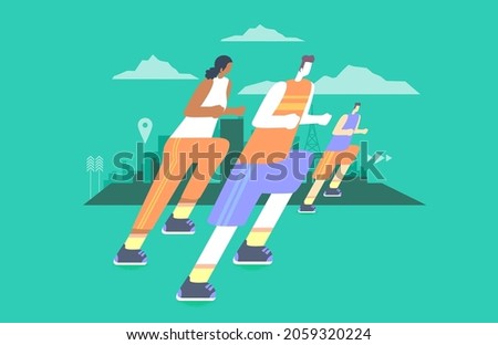 Concept Illustration of People in an Urban Running Race with Buildings and Markers