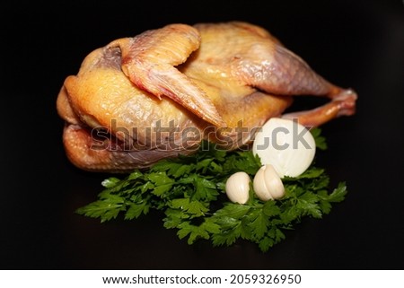 Guinea fowl meat with greens and spices. Organic delicious guinea fowl meat Royalty-Free Stock Photo #2059326950