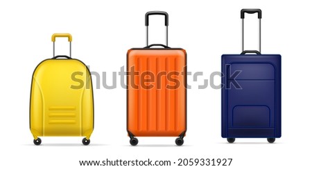 Realistic luggage bags. Modern travel plastic bags different forms and sizes, shockproof bright flight suitcases on wheels with extendable handles, fashion baggage. Vector 3d isolated set