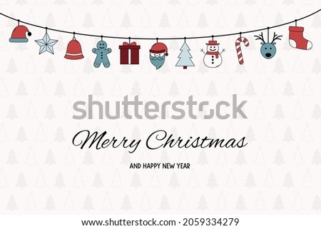 Christmas greeting card with hanging decorations. Vector