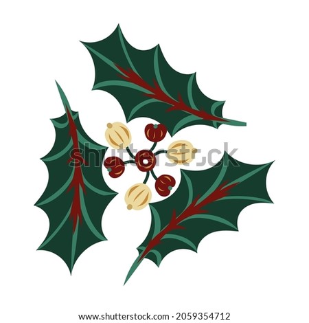 Christmas and new year colorful clipart elements with holly and berries. Bright vector decor for web and print. 