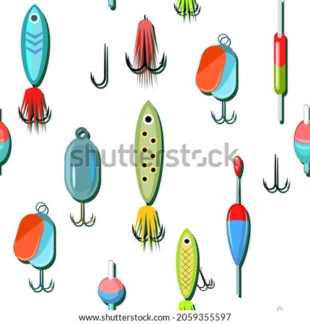 Fishing lures and wobblers. Equipment and accessories for recreation and hunting on reservoirs. Sale of fishing rods and clothing. Seamless pattern. Illustration vector