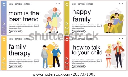A set web banners with advices how parent to talk with children. How establish friendly relationship with child and resolve conflicts with a teenager. Vector flat illustrations.
