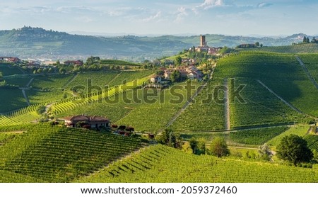 Beautiful hills and vineyards surrounding Barbaresco village in the Langhe region. Cuneo, Piedmont, Italy. Royalty-Free Stock Photo #2059372460