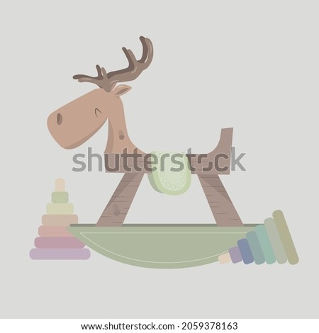 Rocking horse with moose head. Cute children's toy in pastel colors. Сlassic wooden swing. Vector illustration with toy and pyramids on light grey background.
