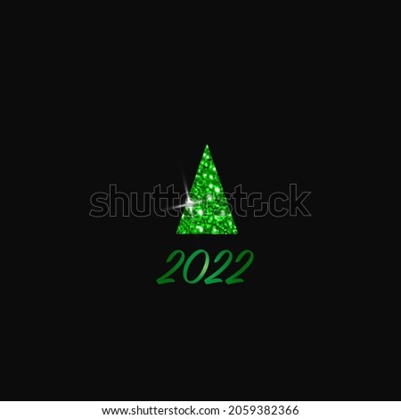 Sparkling Christmas Tree. Green Metallic glitter icon on a dark background. Merry Christmas and Happy New Year 2022. Vector illustration.