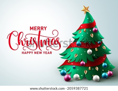 Christmas tree vector background design. Merry christmas greeting text in empty space with pine tree element and colorful ornaments for holiday season card decoration. Vector illustration. 
