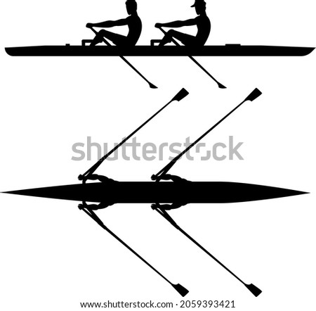 Double scull rowboat team training before competition, black silhouette Royalty-Free Stock Photo #2059393421