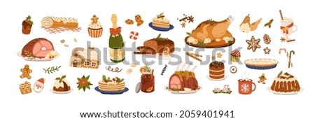 Christmas food set. Festive dishes for winter holiday meal. Turkey, sweet desserts, pie, gingerbread, hot drinks and other treats for Xmas party. Flat vector illustration isolated on white background