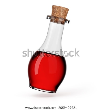 Round glass corked bottle with red liquid. Magic elixir or healing potion isolated on white. 3d illustration