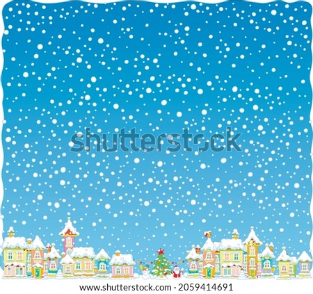 Christmas background with snowfall over a pretty small town decorated for merry winter holidays, vector cartoon illustration 