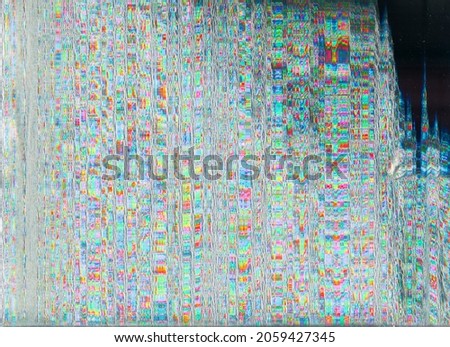 Screen glitch. Pixel noise texture. Digital error. Cryptocurrency NFT. Colorful iridescent static distortion grain artifacts on gray black abstract overlay.