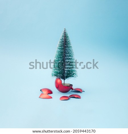 Christmas tree comes out from a broken red bauble. Blue background. Minimal new year design and concept.
