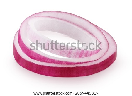 Heap of rings of red onion isolated on white background.