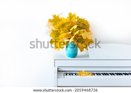 Maple leaves on the piano in a blue vase. The concept of autumn. Front view. Russia. Chekhov.