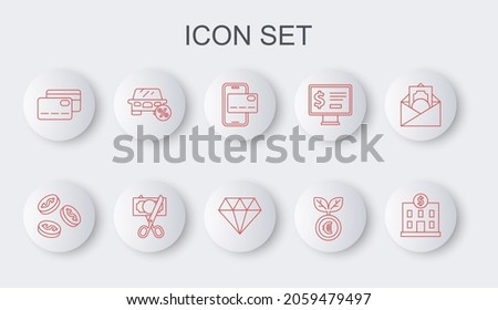Set line Bank building, Coin money with dollar, Mobile banking, Euro plant, Credit card, Car leasing percent, Scissors cutting and Diamond icon. Vector