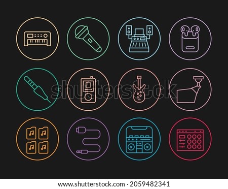 Set line Drum machine, Movie spotlight, Music recording studio, player, Audio jack, synthesizer, Electric bass guitar and Microphone icon. Vector