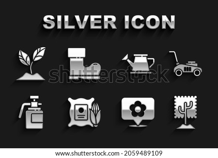 Set Corn in the sack, Lawn mower, Tree, Location with flower, Garden sprayer for fertilizer, Watering can, Plant and Waterproof rubber boot icon. Vector