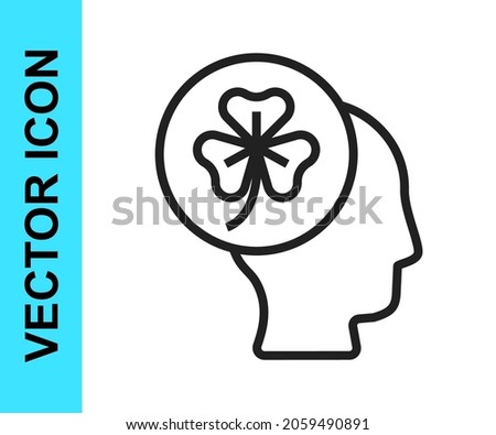 Black line Human head with clover trefoil leaf icon isolated on white background. Happy Saint Patricks day. National Irish holiday.  Vector