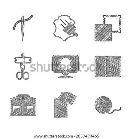 Set Leather, Sewing pattern, Yarn ball, Textile fabric roll, Shirt, Scissors,  and Needle with thread icon. Vector
