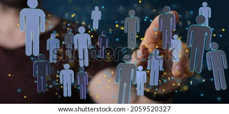 A 3D rendering of a businessman pointing at a group of blue people icons