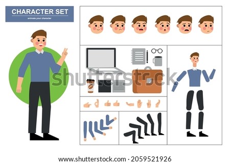 3\4 view animated characters. Office man character constructor with various views, face emotions, poses, gestures and office tools. Cartoon style, flat vector illustration