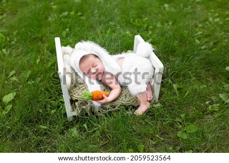 the first photo session of the newborn. baby in a bunny suit in a crib on green grass