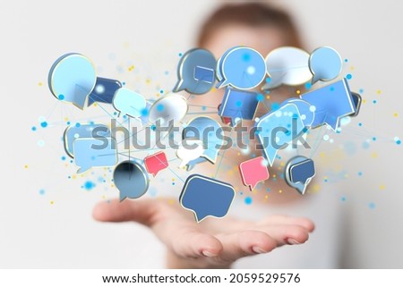 A 3D rendering of network communications with email symbols floating on a woman's hand