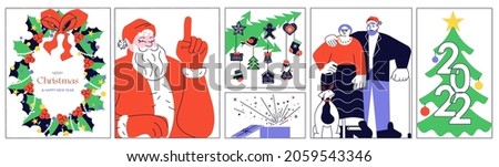 Merry Christmas and Happy New Year banner for greeting card design. Santa Claus and People celebrating winter holidays with gifts and presents. Flat Art Vector Illustration.