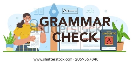 Grammar check typographic header. Printing house technology process, printed publications manufacturing. Proofreader checking grammar errors in texts for publication. Flat vector illustration