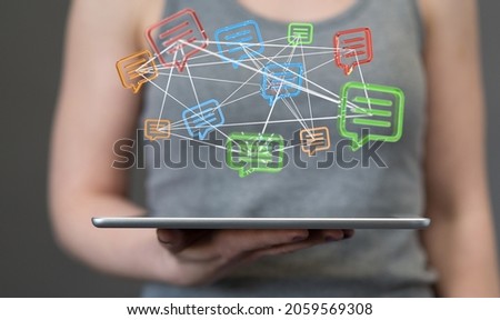 A 3D render of an email symbol and Network Communications with a blurry background