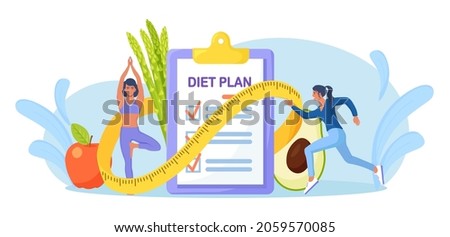 Diet plan checklist. People doing  exercise, training and planning diet with fruit and vegetable. Girl doing yoga. Nutrition weight loss diet, individual dietary. Health lifestyle, fitness Royalty-Free Stock Photo #2059570085