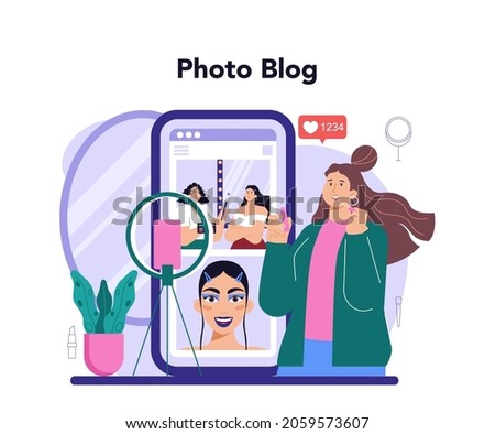Beauty blogger online service or platform. Video blogger doing makeup tutorials and reviews. Online photo blog. Flat vector illustration