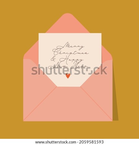 Merry Christmas and Happy New Year Greeting Card in an Envelope. Vector hand drawn illustration in flat style. 